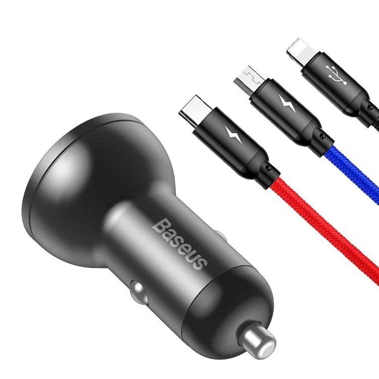 BASEUS Baseus Billaddare 24W 3in1 microUSB-C Lightning Kabel 1.2m - Svart