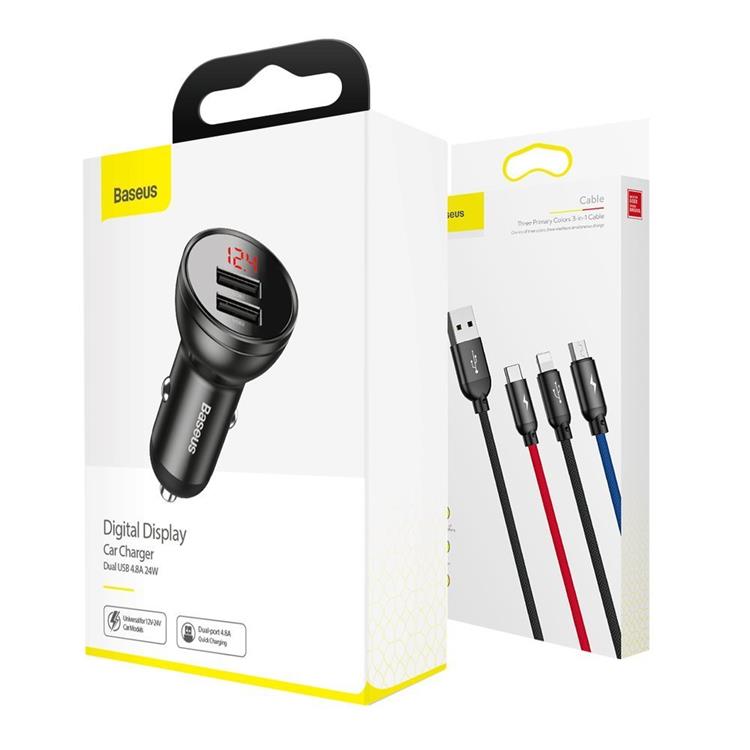 BASEUS Baseus Billaddare 24W 3in1 microUSB-C Lightning Kabel 1.2m - Svart