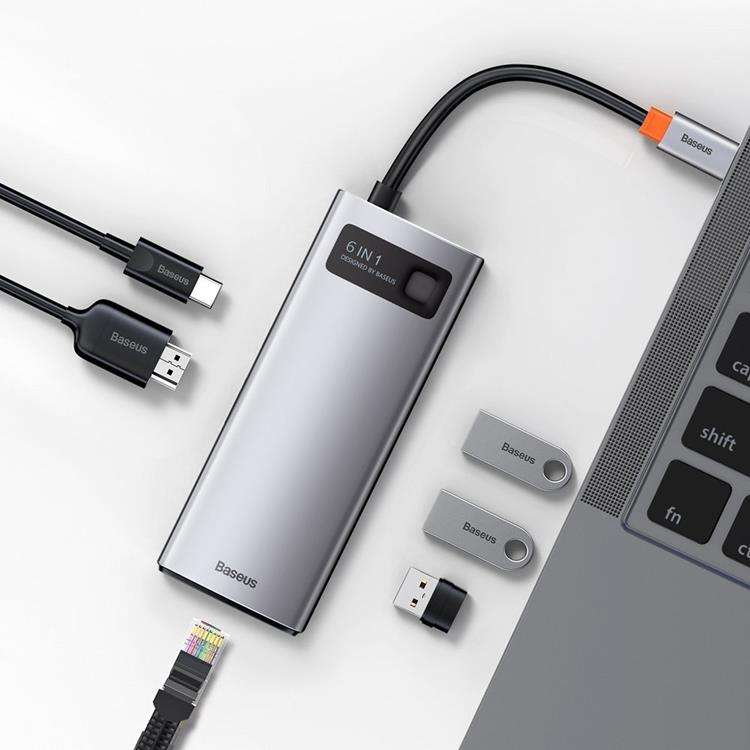 BASEUS Baseus 6in1 Multifunktionell HUB USB-C 100 W - Grå
