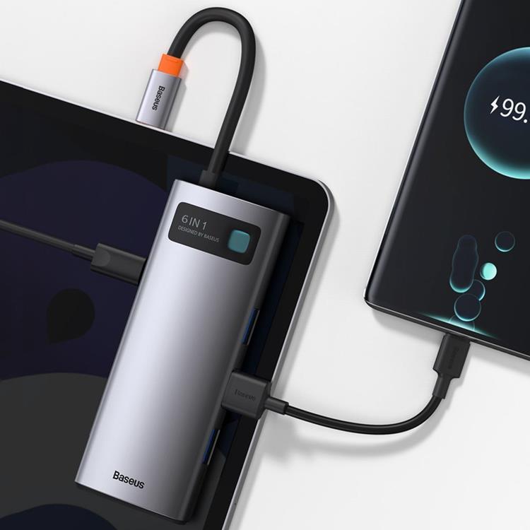 BASEUS Baseus 6in1 Multifunktionell HUB USB-C 100 W - Grå