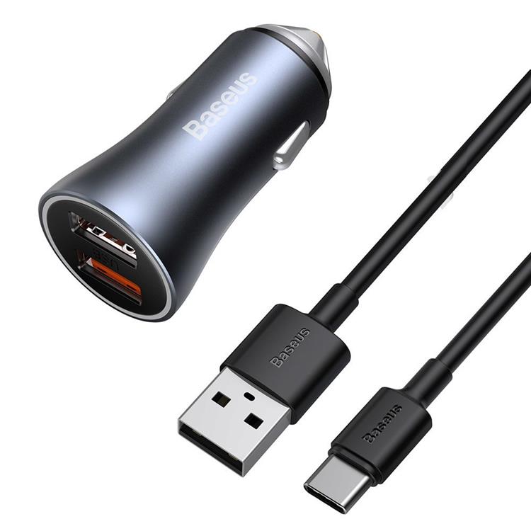 BASEUS Baseus Snabb Billaddare 2x USB 40 W USB-C Kabel - Grå