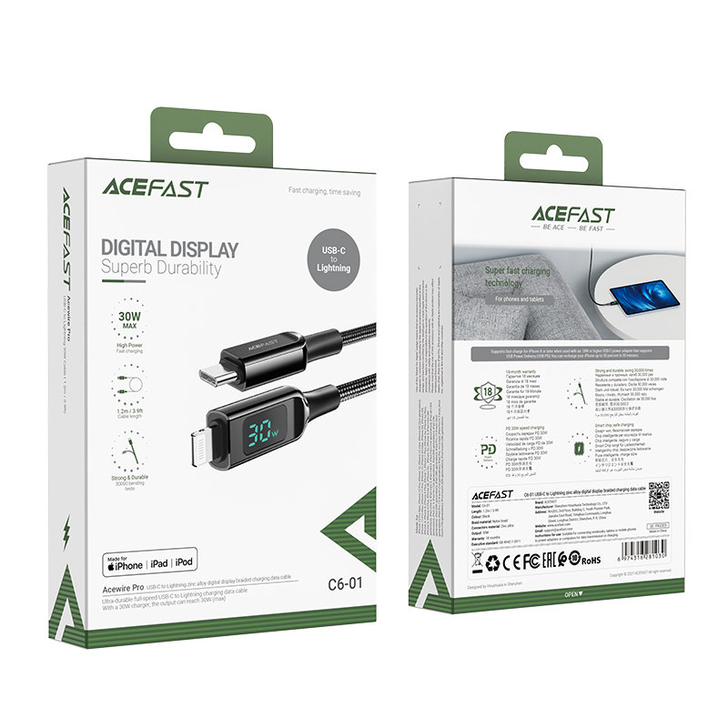 Acefast Acefast MFI USB USB-C till Lightning kabel 30W 1.2m - Svart