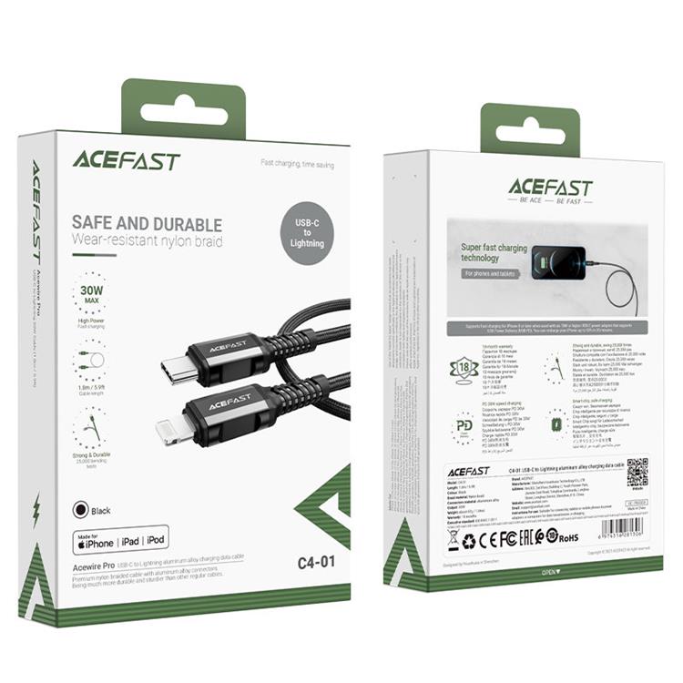 Acefast Acefast MFI USB USB-C till Lightning kabel 30W 1.8m - Svart