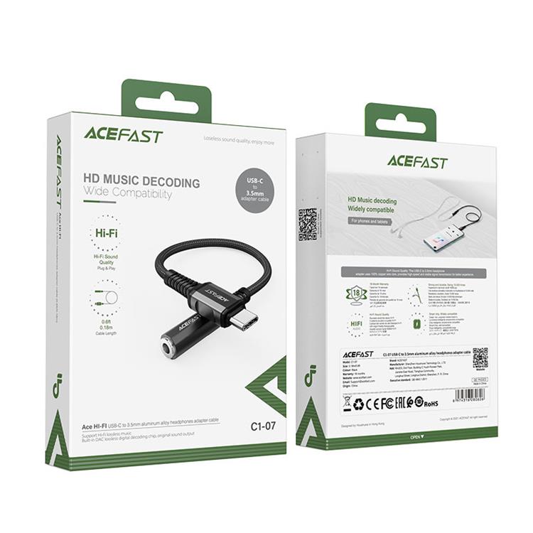Acefast Acefast Typ-C Ljud Kabel 3.5 mm Minijack DAC 18 cm - Svart