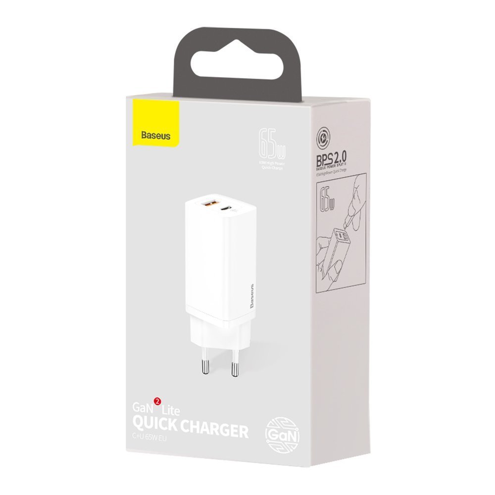 BASEUS Baseus GaN2 Lite Snabb Väggladdare 65W USB / USB-C - Vit