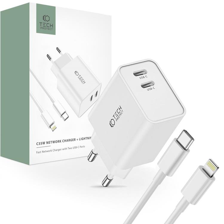 Tech-Protect Tech-Protect 2-Port Nätverk Laddare Med Lightning Kabel 1m 35W - Vit