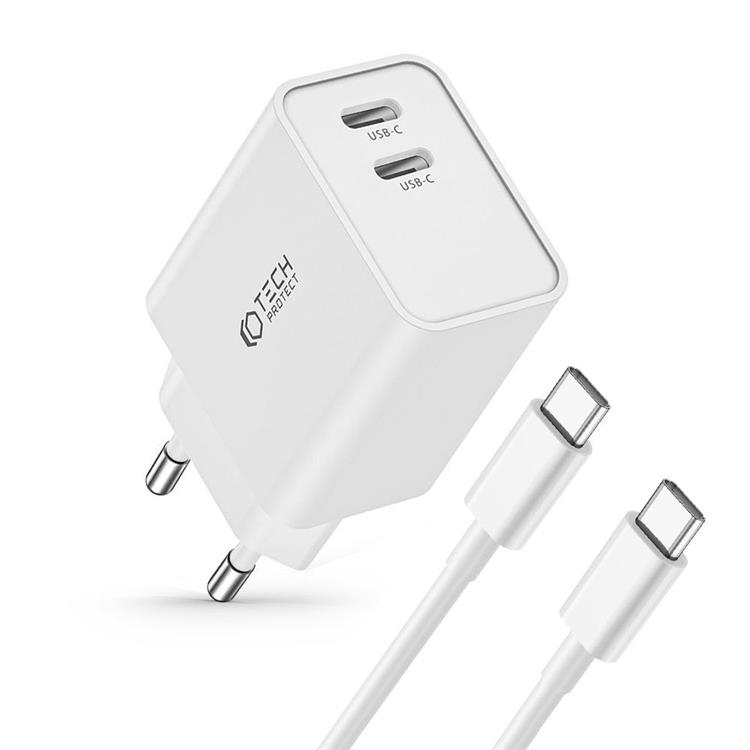 Tech-Protect Tech-Protect 2-Port Nätverk Laddare Med USB-C Kabel 35W 1m - Vit