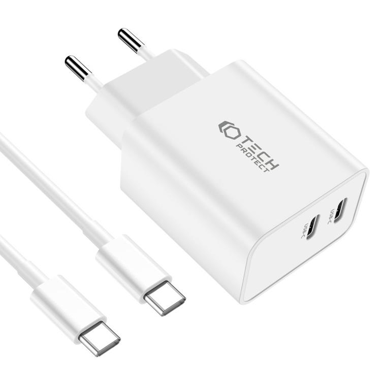 Tech-Protect Tech-Protect 2-Port Nätverk Laddare Med USB-C Kabel 35W 1m - Vit