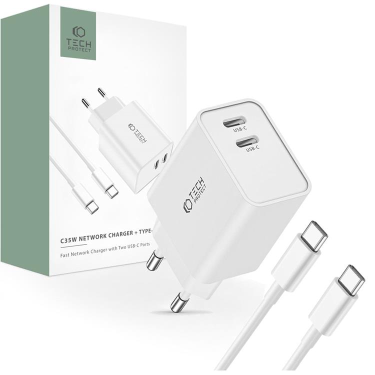 Tech-Protect Tech-Protect 2-Port Nätverk Laddare Med USB-C Kabel 35W 1m - Vit