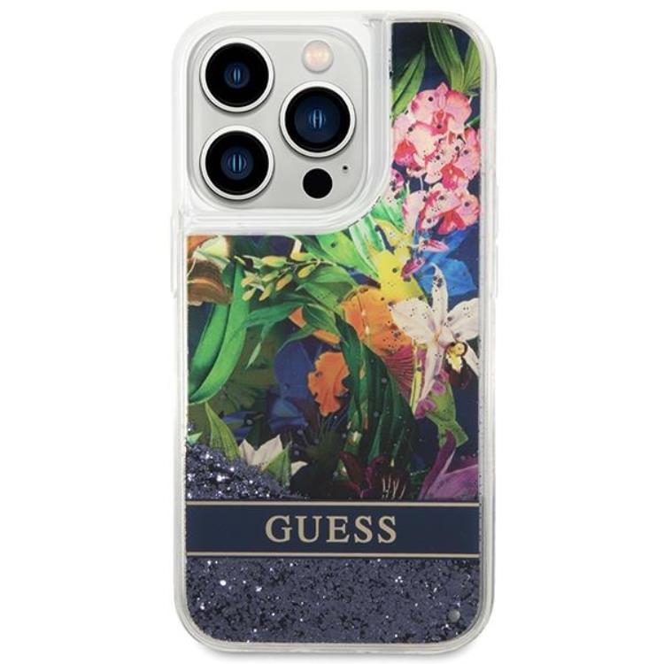Guess GUESS iPhone 14 Pro Skal Flower Liquid Glitter - Blå