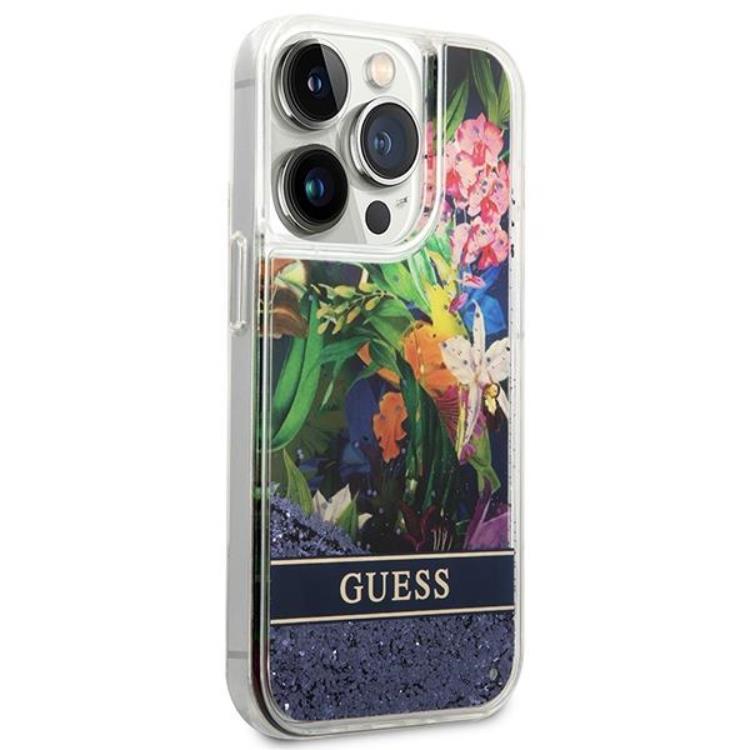Guess GUESS iPhone 14 Pro Skal Flower Liquid Glitter - Blå