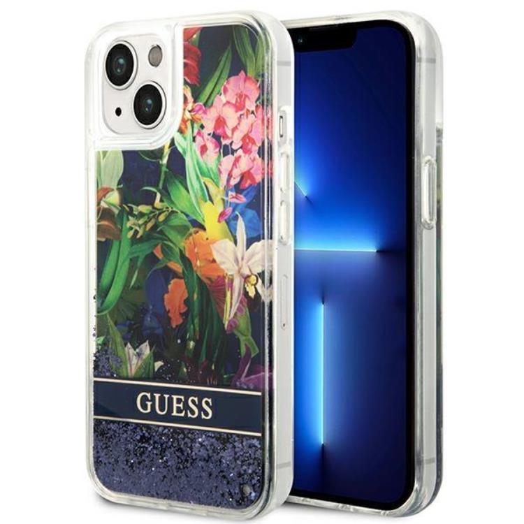 Guess GUESS iPhone 14 Skal Flower Liquid Glitter - Blå