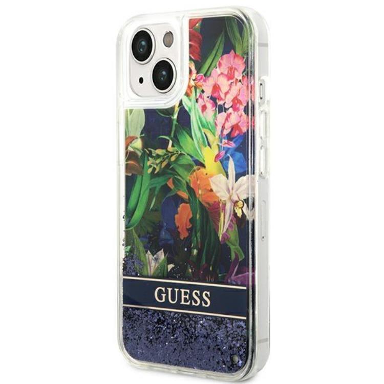 Guess GUESS iPhone 14 Skal Flower Liquid Glitter - Blå