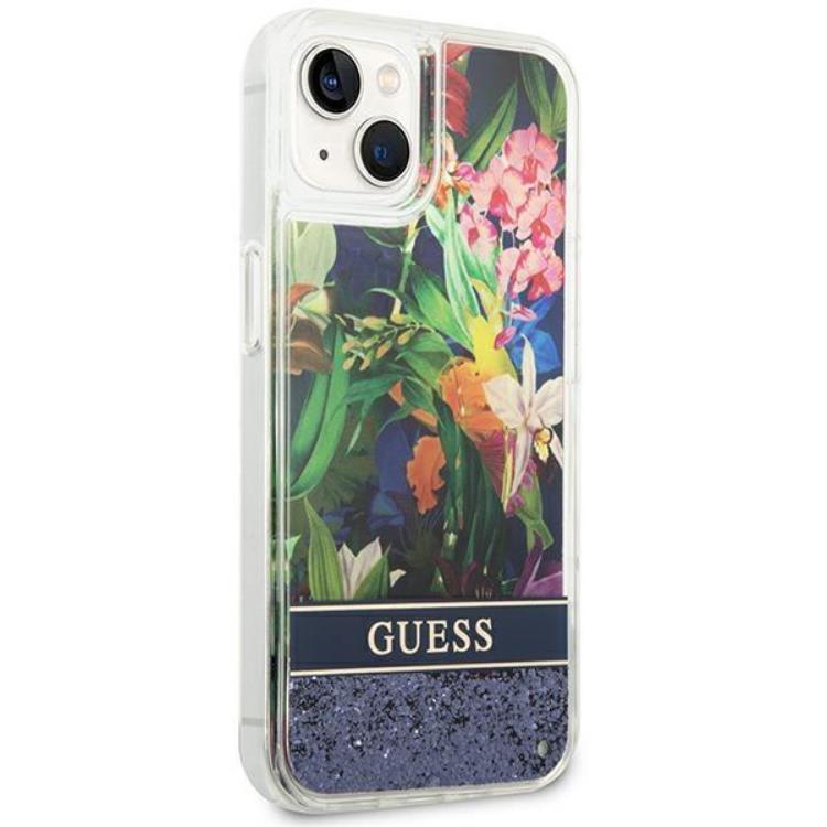 Guess GUESS iPhone 14 Skal Flower Liquid Glitter - Blå
