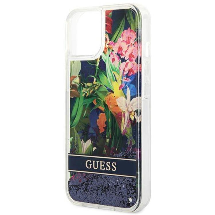 Guess GUESS iPhone 14 Skal Flower Liquid Glitter - Blå
