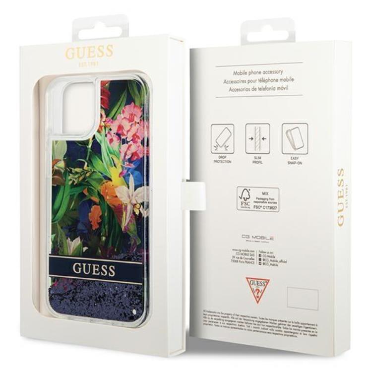 Guess GUESS iPhone 14 Skal Flower Liquid Glitter - Blå