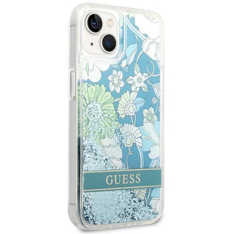 Guess GUESS iPhone 14 Skal Flower Liquid Glitter - Grön
