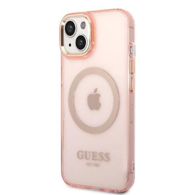 Guess GUESS iPhone 14 Skal MagSafe Gold Outline Translucent - Rosa