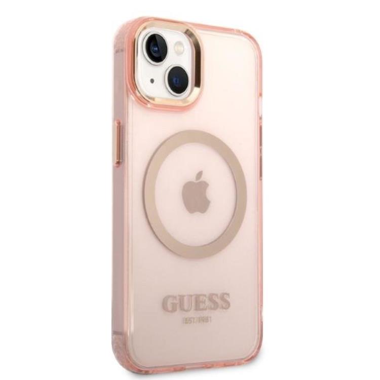 Guess GUESS iPhone 14 Skal MagSafe Gold Outline Translucent - Rosa