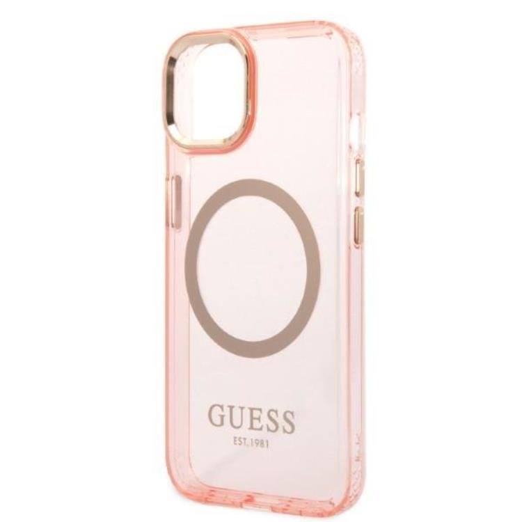 Guess GUESS iPhone 14 Skal MagSafe Gold Outline Translucent - Rosa