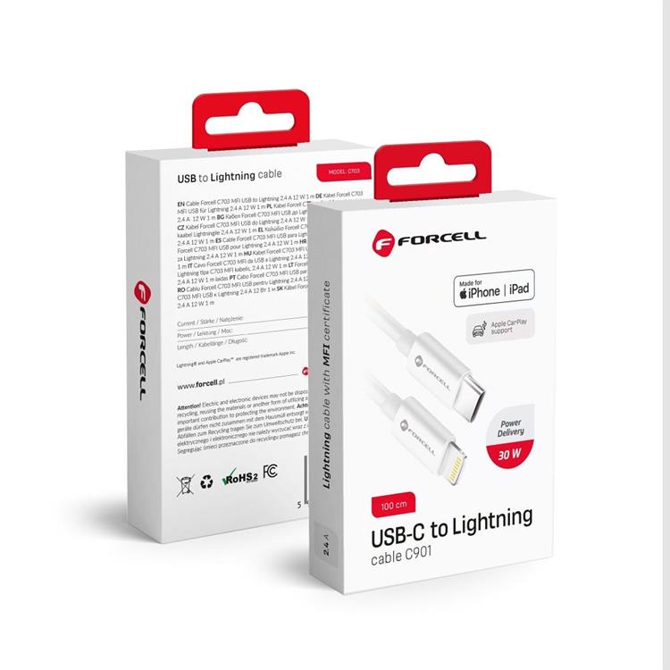 Forcell Forcell USB-C till Lightning kabel 30W 1m - Vit