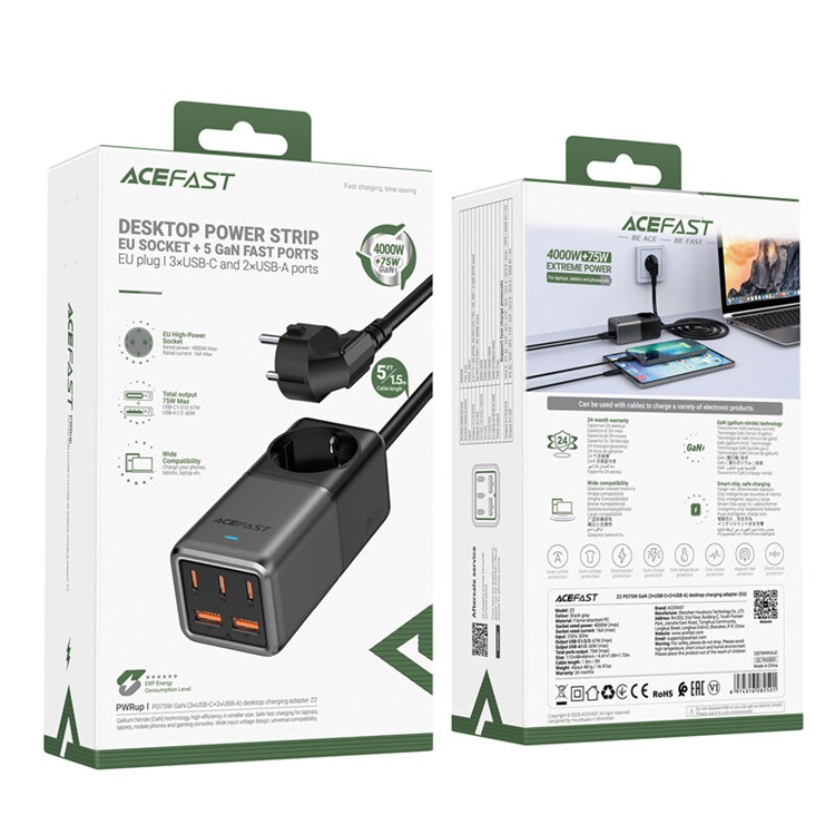 Acefast Acefast Bordsladdare 3x USB-C/2x USB-A - Svart