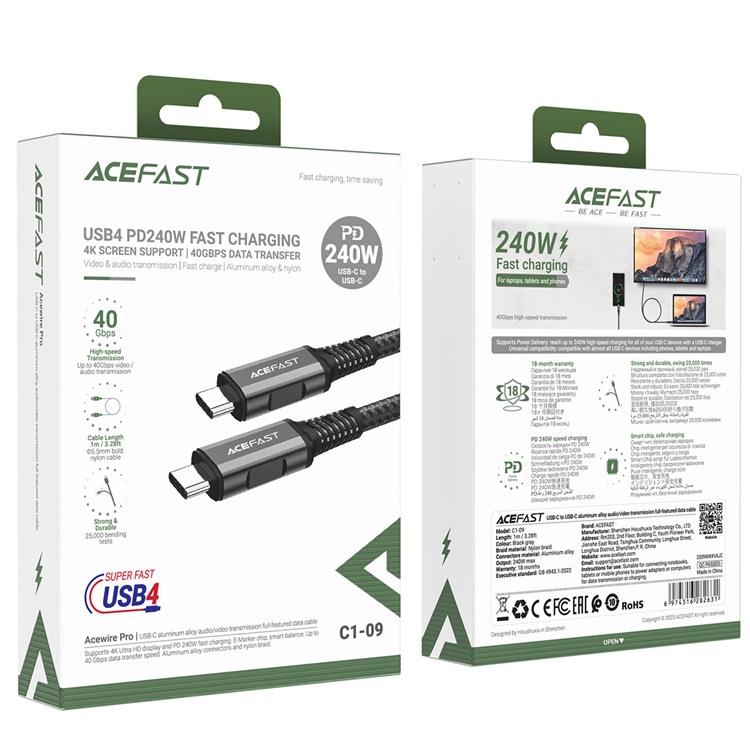 Acefast Acefast USB-C till USB-C kabel 1m PD240W - Svart