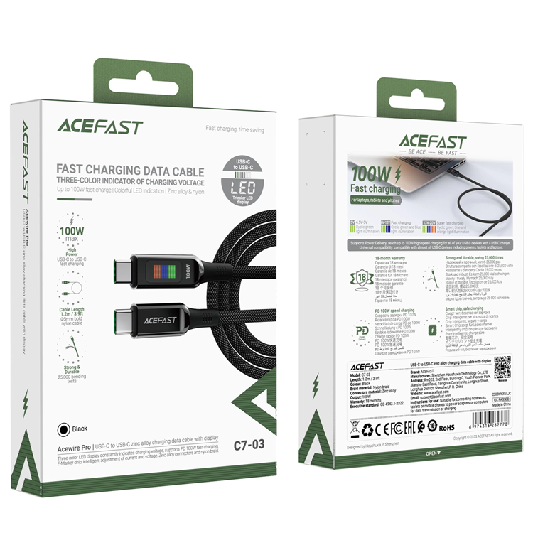 Acefast Acefast USB-C till USB-C kabel 1.2m 100W - Svart