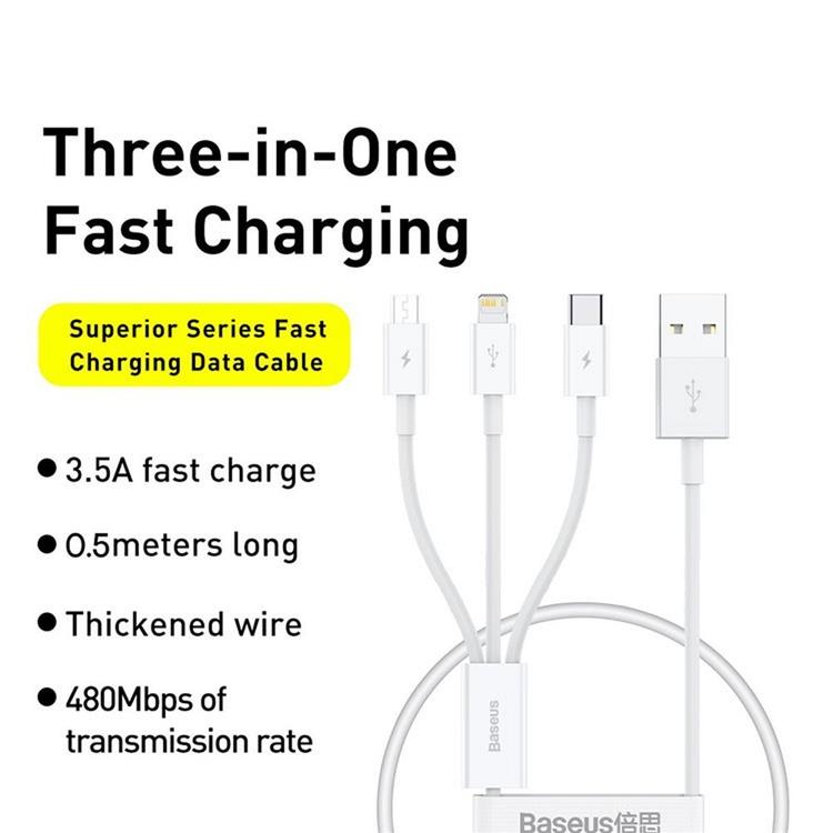 BASEUS Baseus 3in1 USB-A till USB-C Lightning microUSB kabel 0.5m