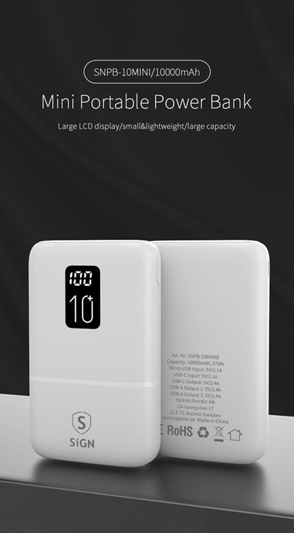 SiGN SiGN Mini Q.C Powerbank med Display 10.000mAh - Vit