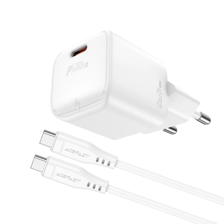 Acefast Acefast Väggladdare USB-C 30W GaN A77 Mini Med Kabel - Vit