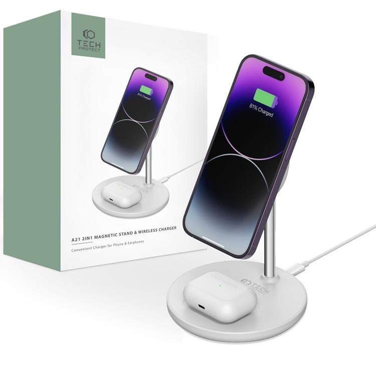 Tech-Protect Tech-Protect 2-in-1 Trådlös Laddare Magsafe Magnetic 15W - Vit