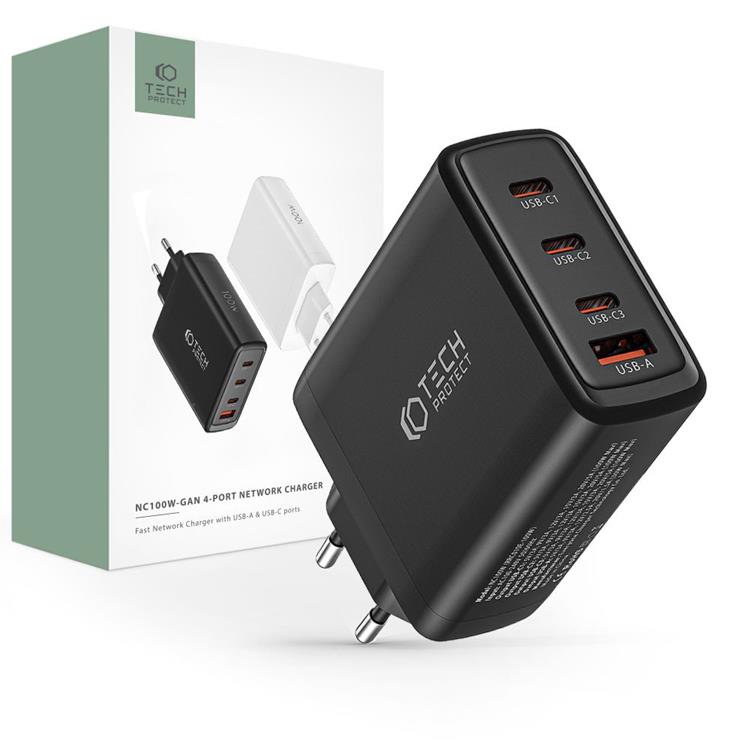 Tech-Protect Tech-Protect 4-Port Väggladdare 3x USB-C/1x USB-A PD100W - Svart