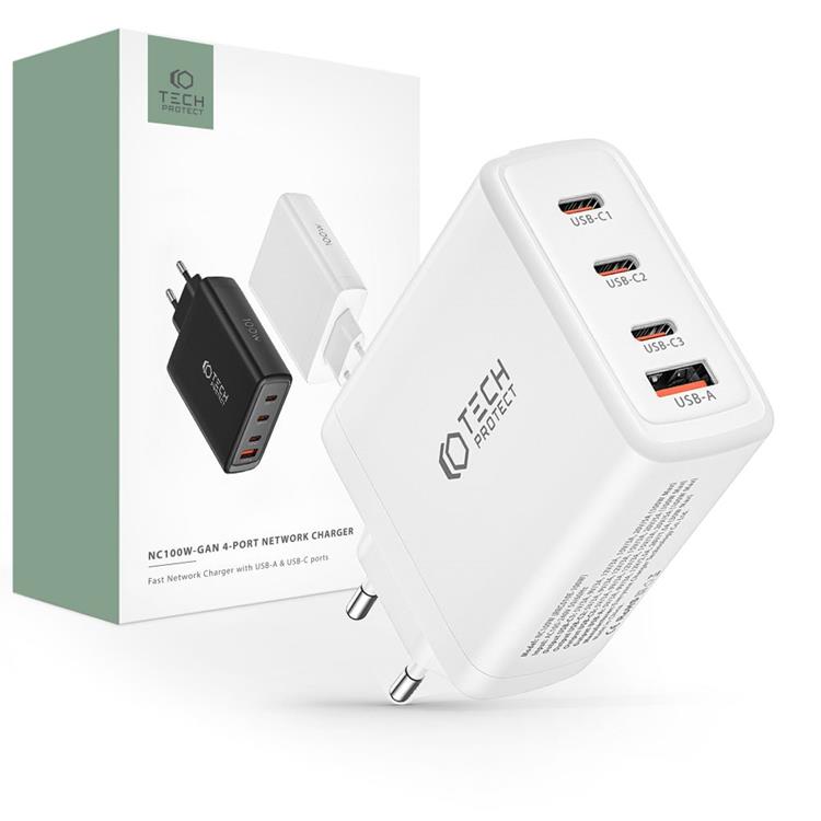 Tech-Protect Tech-Protect 4-Port Väggladdare 3x USB-C/1x USB-A PD100W - Vit