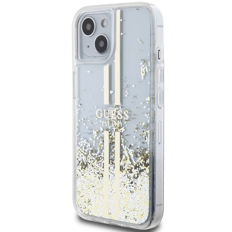 Guess Guess Mobilskal till iPhone 15/14 Plus Liquid Glitter Gold Stripes