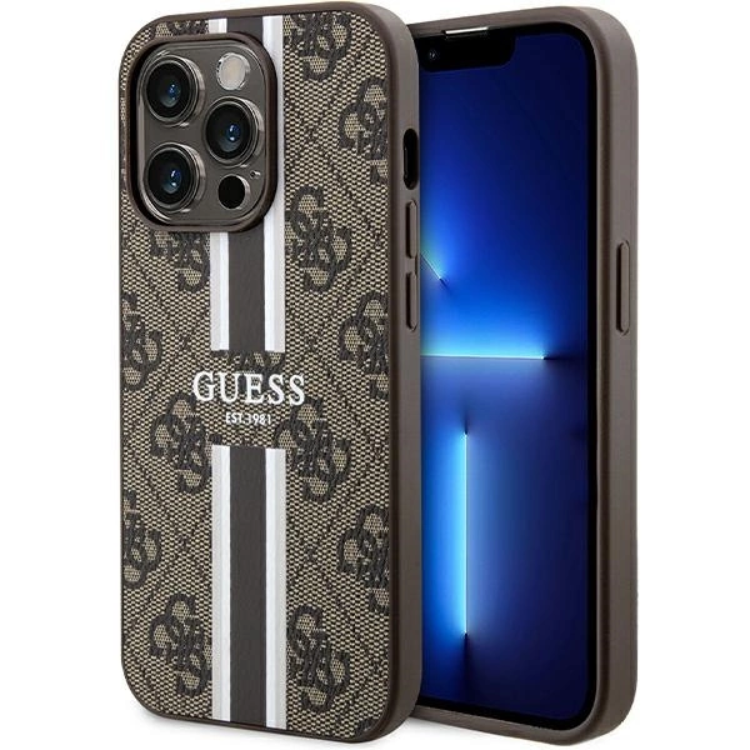 Guess Guess Mobilskal till iPhone 15 Pro Magsafe Printed Stripes - Brun