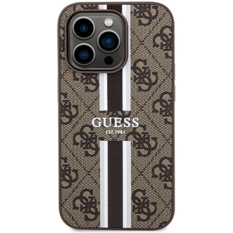 Guess Guess Mobilskal till iPhone 15 Pro Magsafe Printed Stripes - Brun