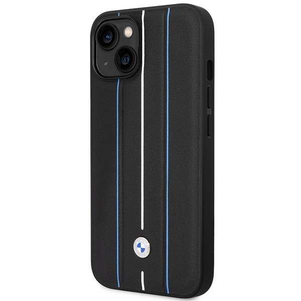 BMW BMW Mobilskal till iPhone 14 Läder Stamp Blue Lines - Svart