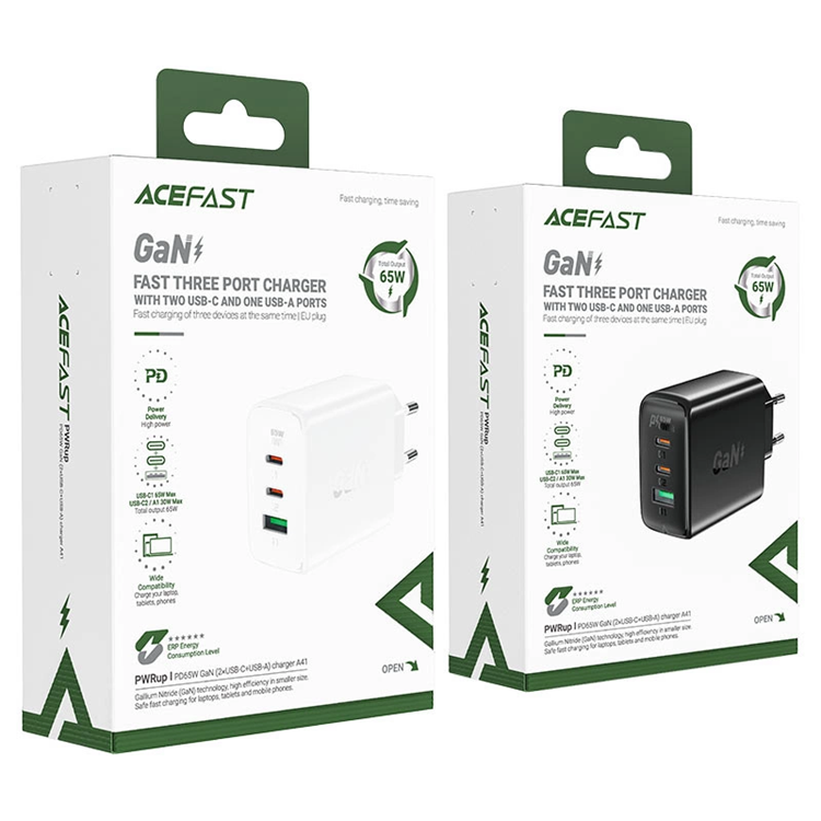 Acefast Acefast GaN Snabbladdare 2x USB-C USB-A QC4+ 65W - Vit