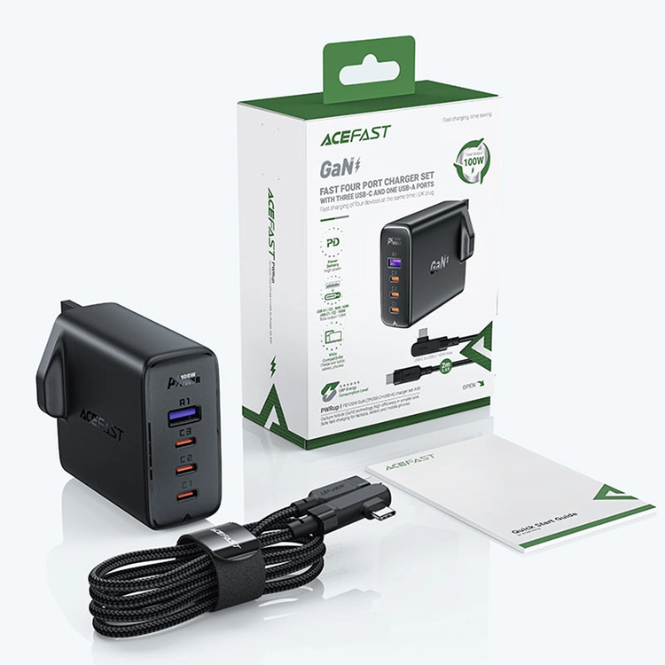 Acefast Acefast GaN Snabbladdare 3x USB-C 1x USB 100W UK - Svart