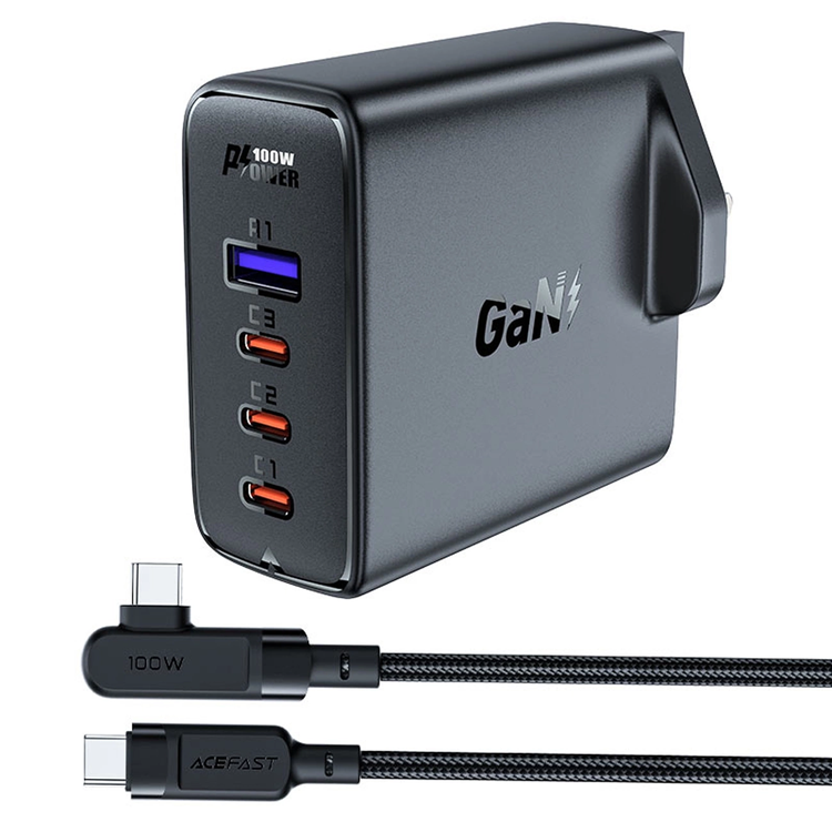 Acefast Acefast GaN Snabbladdare 3x USB-C 1x USB 100W UK - Svart