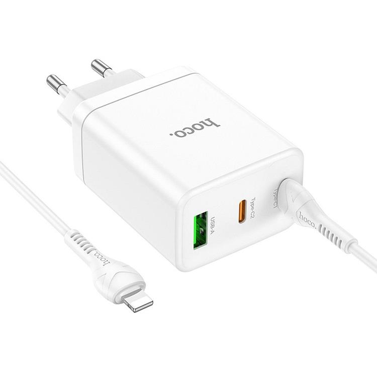 Hoco Hoco Väggladdare 35W 2xType C - USB A med Typ-C to Lightning Kabel 1m