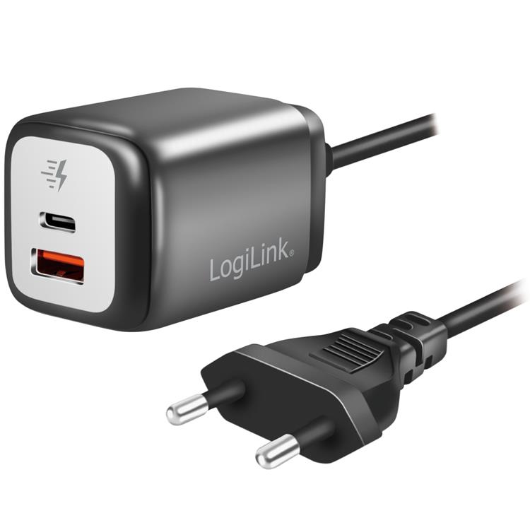 LogiLink Logilink Väggladdare 1xUSB-A + 1xUSB-C med fast kabel 1.5m GaN 30W
