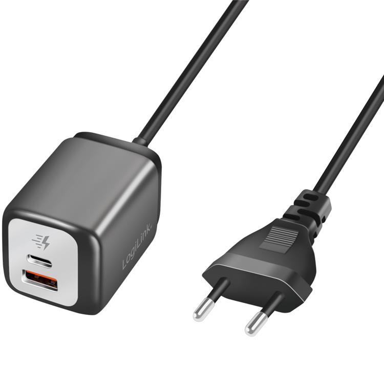 LogiLink Logilink Väggladdare 1xUSB-A + 1xUSB-C med fast kabel 1.5m GaN 30W