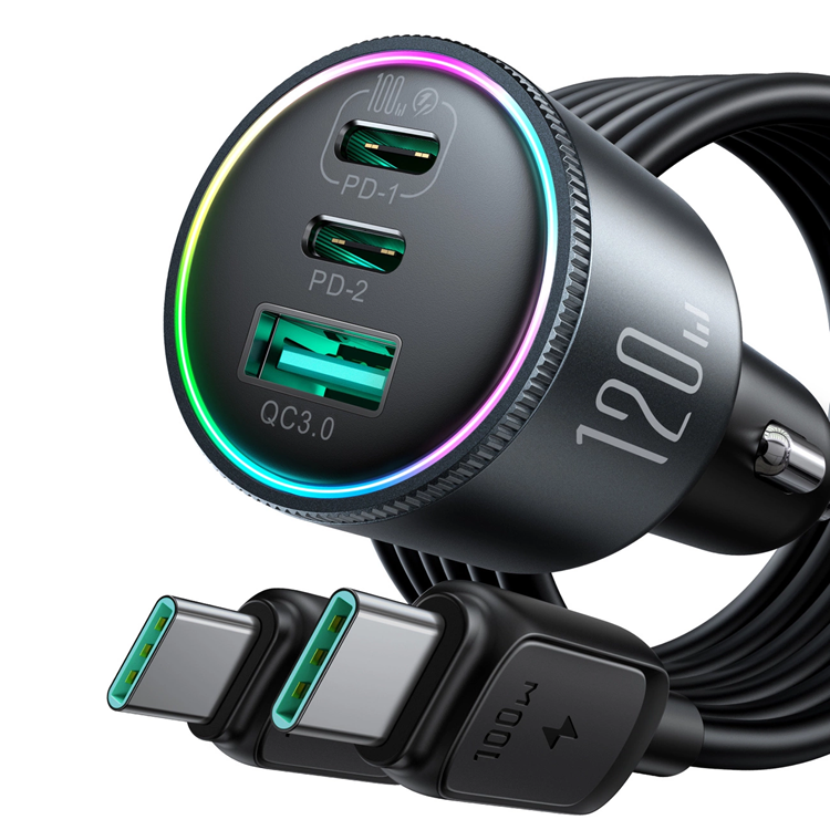Joyroom Joyroom Billaddare 2xUSB-C USB-A + USB-C kabel 100W - Mörkgrå