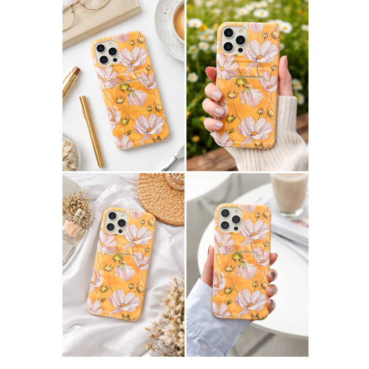 OEM iPhone 13 Skal med Kortfack - Gul Flowers