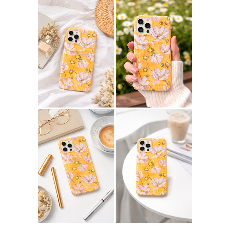 OEM iPhone 13 Skal med Kortfack - Gul Flowers