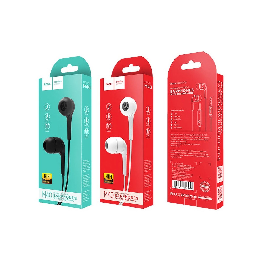 Hoco HOCO earphones Drumbeat universal med mic M40 Vit