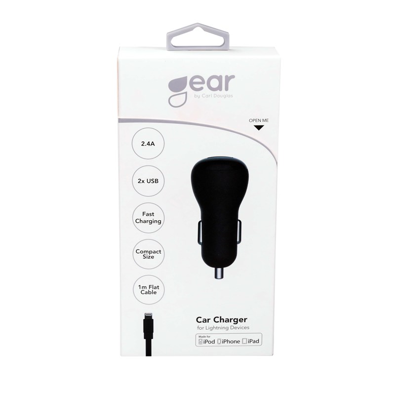 GEAR GEAR Laddare 12-24V 2xUSB 2.4A Lightning Kabel platt 1m MFI - Svart